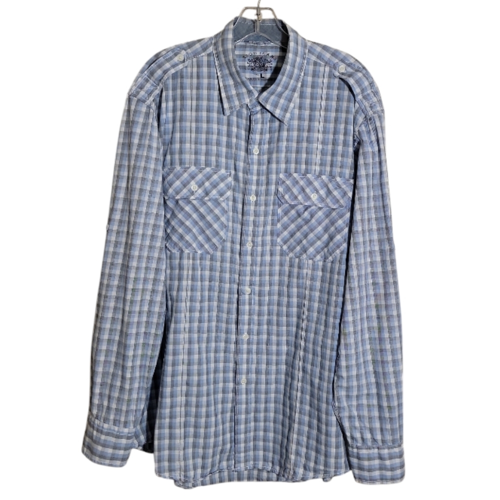 Izod Jeans blue white gray plaid button down shirt 100% cotton men's large